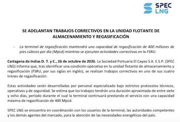La restricción del suministro durará entre siete y ocho días por un faltante estimado de 133 millones de pies cúbicos diarios de gas, según informó el Ministerio de Minas y Energía y Spec LNG - crédito Spec LNG/@SergioCabrales/X