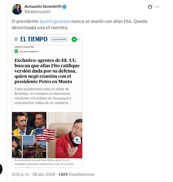 El ministro Armando Benedetti defendió al presidente Petro por señalamientos sobre nexos con alias Fito - crédito @AABenedetti/X