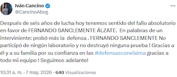Iván Cancino celebró absolución de Fernando Sanclemente tras seis años de proceso judicial - crédito @CancinoAbog/X