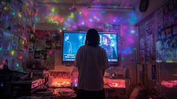 Persona relajada viendo un drama coreano en la televisión, con expresiones emocionales en la pantalla y ambiente acogedor. – (Imagen Ilustrativa Infobae)
