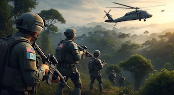 Soldados armados con uniformes militares se desplazan por una densa selva, mientras helicópteros militares sobrevuelan el paisaje brumoso al amanecer.