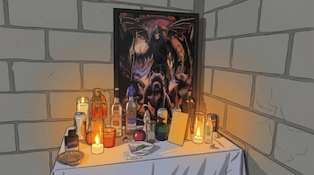 Imagen de un altar con un cuadro de la Santa Muerte, varias velas encendidas, botellas, latas y una manzana sobre una mesa con un mantel blanco, frente a una pared de ladrillos.