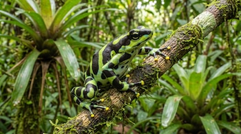 Una rana verde y negra con patas amarillas se sujeta a una rama cubierta de musgo en un bosque tropical denso con plantas verdes de fondo.
