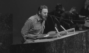 Fidel Castro durante su histórico discurso de 4 horas y 29 minutos ante la Asamblea General de la ONU en Nueva York, el 26 de septiembre de 1960 (Cortesía: ONU).