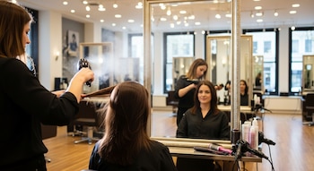 Vista trasera de una estilista femenina aplicando un spray en el cabello castaño de una clienta sentada frente a un espejo en un salón de belleza.