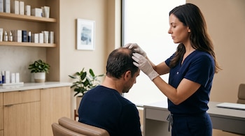 Una especialista con guantes blancos examina la coronilla de un hombre en una consulta médica con estantes y plantas.