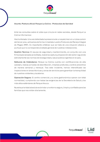 El Centro Comercial Parque La Colina aseguró que se dio la captura del roedor y le hecho corresponde a un caso aislado - crédito Prensa Centro Comercial Parque La Colina