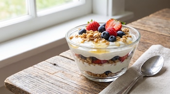 Un tazón transparente con capas de yogur, granos de cereal, fresas, frambuesas y arándanos, junto a una cuchara sobre una mesa de madera.