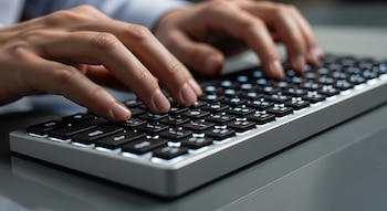 Un primer plano de manos con piel clara pulsando las teclas negras y retroiluminadas de un teclado moderno gris sobre un escritorio oscuro.