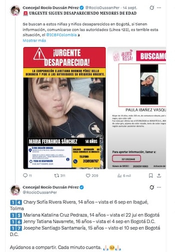 La concejal Rocío Dussán pidió celeridad en las investigaciones de los niños que se encuentran desaparecidos - crédito @RocioDussanPer/X