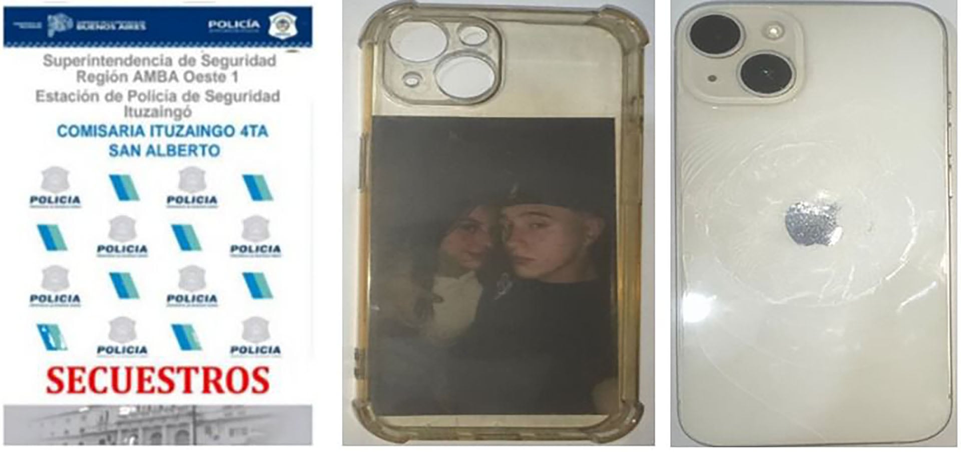 Objetos incautados, incluyendo un teléfono celular con una foto en la funda y un documento policial de la Comisaría Ituzaingó, en el marco de la investigación por el policía que baleó a un delincuente durante un asalto.