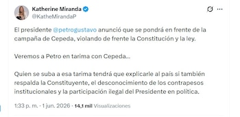 Katherine Miranda cuestiona a Petro por intervenir en la campaña presidencial, sobre todo al pasar por encima de la Constitución - crédito @KatheMirandaP/X