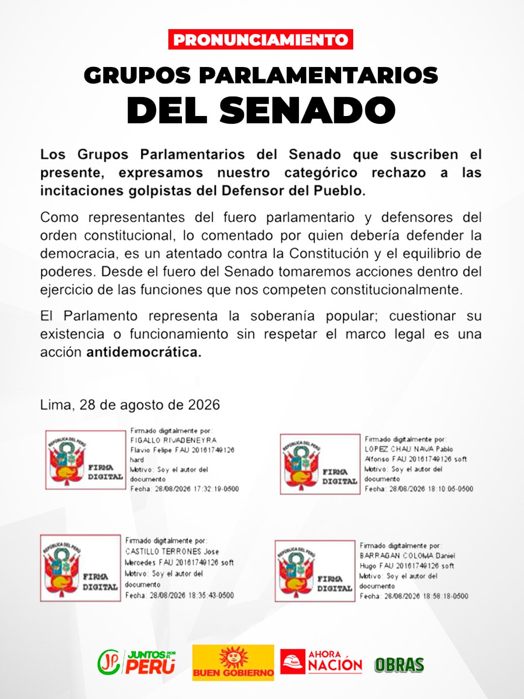 Un comunicado oficial firmado por grupos parlamentarios del Senado en Lima rechaza las acciones del Defensor del Pueblo el 28 de agosto de 2026.