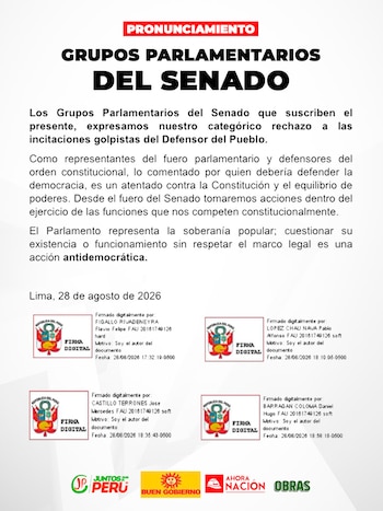 Documento impreso con el título Pronunciamiento, texto en español, fecha de Lima del 28 de agosto de 2026, cuatro firmas digitales y cuatro logotipos