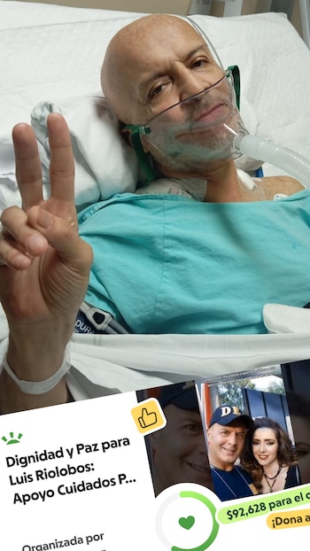 Hombre calvo con barba y mascarilla de oxígeno en cama de hospital, haciendo el signo de la paz. Se ve un banner superpuesto de una campaña de GoFundMe