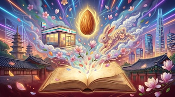 Un libro abierto en el centro irradia una nube con una tienda 7-Eleven, una almendra dorada y un conejo, sobre un fondo de arquitectura coreana y rascacielos.