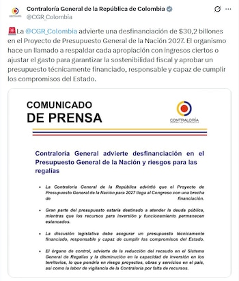 La Contraloría hizo un llamado a respaldar cada apropiación con ingresos ciertos o ajustar el gasto para garantizar la sostenibilidad fiscal y aprobar un presupuesto técnicamente financiado - crédito @CGR_Colombia/X