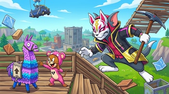 Tom, disfrazado de Drift de Fortnite, y Jerry, con un traje de ratón rosa, aparecen en un escenario de Fortnite con una llama de botín y el autobús de batalla flotando.
