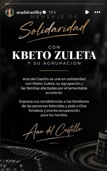 Ana del Castillo compartió un mensaje de solidaridad con Kbeto Zuleta, su agrupación y los afectados por el accidente - crédito @anadelcastilloj/ Instagram