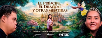 Cartel con el título El príncipe, el dragón y otras mentiras sobre un paisaje de fantasía con un castillo y cuatro personajes