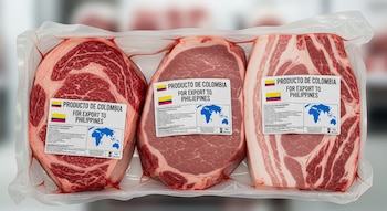 Fechamento em branco de três embalagens de carne crua, com rótulo