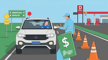 Ilustración plana de un control de tránsito en una ruta: un auto blanco detenido, un oficial con libreta de multas y un conductor. Gasolinera y señal de tránsito al fondo.