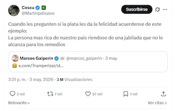 Captura de pantalla de un tuit de Coscu criticando a Marcos Galperin. Se observa el texto de Coscu y el tuit citado de Galperin con un emoji de risa