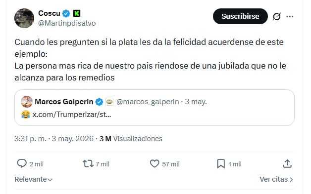 El popular streamer Coscu criticó públicamente al empresario Marcos Galperin por un comentario en redes sociales sobre una jubilada sin aportes. (Red social X)