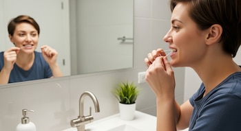 Una mujer de cabello corto y castaño se mira al espejo mientras usa hilo dental en un baño moderno con azulejos grises, un lavabo y un grifo metálico.