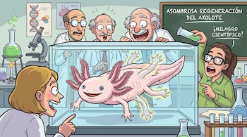 Un ajolote rosa en un acuario de laboratorio muestra extremidades en regeneración, observado por científicos y ambientalistas asombrados.
