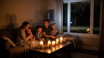 Una familia de cuatro personas sentada en un sofá en la oscuridad durante un corte de energía, iluminada por velas en una mesa de centro y una linterna.