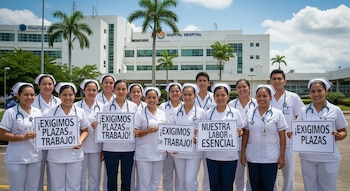 Un grupo de enfermeros y enfermeras con uniformes blancos y estetoscopios sostienen carteles con texto frente a un hospital blanco con palmeras.