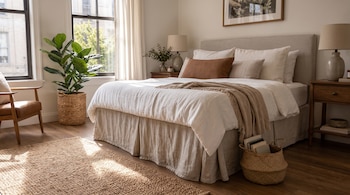 Cama grande con ropa blanca, dos mesas de noche con lámparas, una planta en cesta de mimbre, una alfombra y un sillón cerca de la ventana.