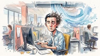 Dibujo de un hombre frente a un monitor en una oficina, con la mitad del rostro y cabello despeinados por una corriente de ventilación.