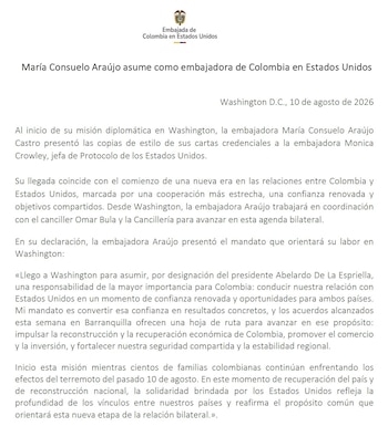 Comunicado Embajada de Colombia en Estados Unidos - crédito X