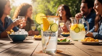 Vaso de Agua Mineral Preparada con lima, naranja, pepino y borde de chile sobre mesa de madera. Personas socializando y jarra de bebida borrosas al fondo.