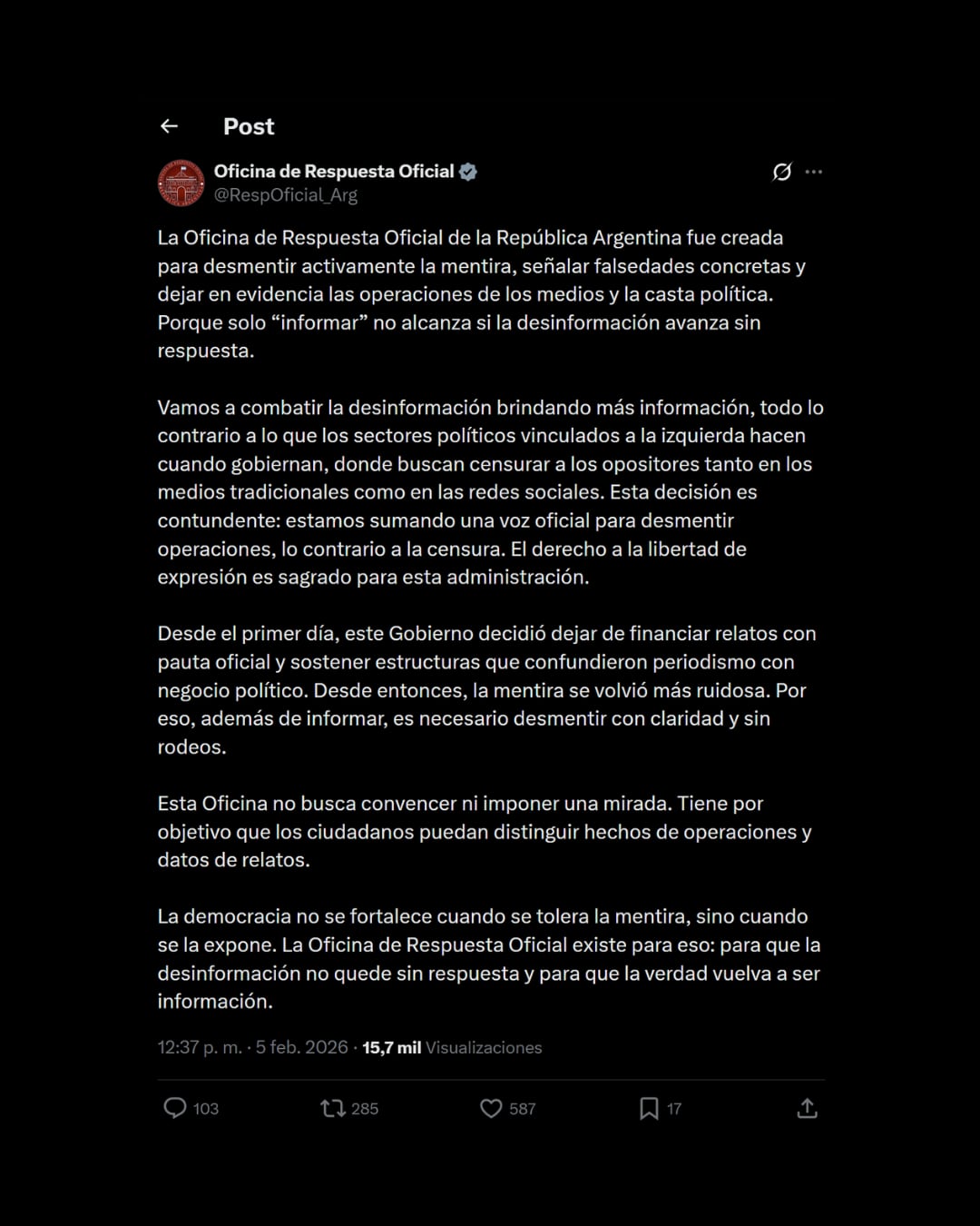 La Oficina de Respuesta Oficial de Argentina fue creada por pedido de Javier Milei