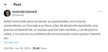 Usuario de X critica a Galán asegurando que el mandatario tenía todo para mantener su popularidad - crédito @cuervoji