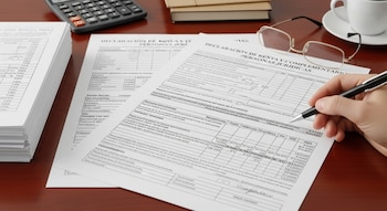 Una mano escribe en un formulario de declaración de renta de personas jurídicas. Se observan documentos apilados, una calculadora, gafas y una taza de café en una mesa de madera.