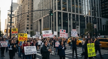 Vista de manifestantes en una calle urbana de Nueva York, con pancartas que exigen un impuesto a los ricos y el fin de la desigualdad, frente a rascacielos.