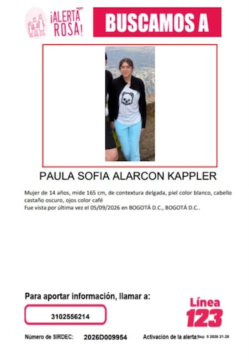 Paula Sofía Alarcón Kappler fue reportada como desaparecida en Bogotá desde la tarde del sábado 5 de septiembre - crédito @Lanotadigitalc / X