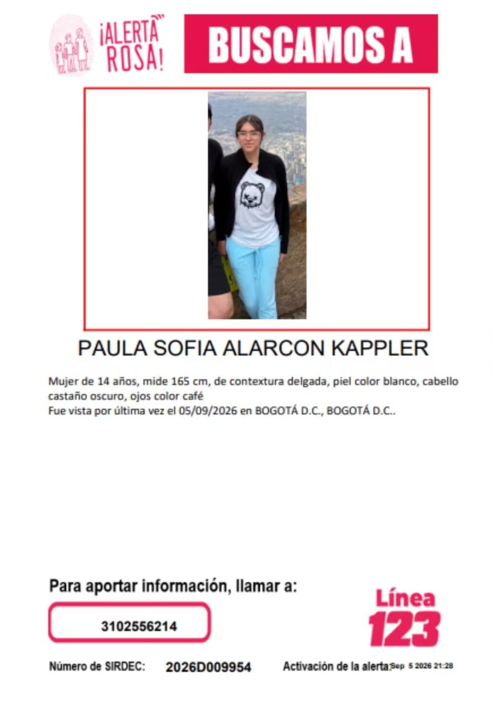 Paula Sofía Alarcón Kappler fue reportada como desaparecida en Bogotá desde la tarde del sábado 5 de septiembre - crédito @Lanotadigitalc / X