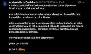 De la Espriella afirmó que atacar la infraestructura del país afecta el progreso, la movilidad y la tranquilidad en Colombia - crédito @ABDELAESPRIELLA/X