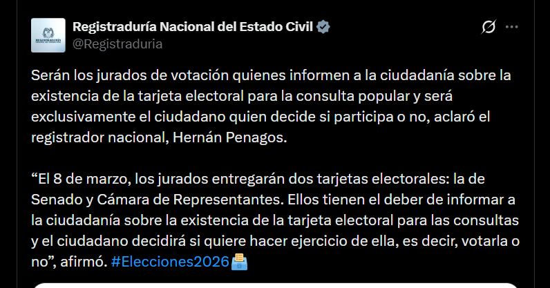 Registraduría - crédito @Registraduria/La Registraduría señaló que serán los ciudadanos si deciden votar en las consultas presidenciales - crédito @Registraduria/X