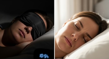Una mujer duerme en cama con un antifaz negro en una habitación oscura y en otra imagen duerme sin antifaz en un cuarto iluminado.