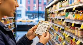 Primer plano de una persona en un supermercado sujetando un paquete de comida con una etiqueta que muestra fechas unificadas de "Best By" y "Use By".