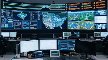Sala de control con gran pantalla curva y múltiples monitores, dos operadores, mapas de Estados Unidos, gráficos de datos, turbinas eólicas, paneles solares y alertas de eventos.