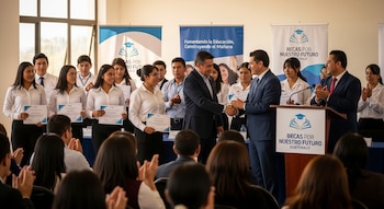 Vista frontal de una ceremonia donde hombres adultos en traje entregan diplomas a jóvenes sonrientes, con muchos más jóvenes de pie detrás, todos aplaudiendo.