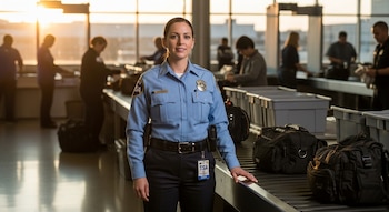 Una mujer sonriente vestida con el uniforme azul de la TSA está de pie en el centro de un área de seguridad de aeropuerto con cintas transportadoras y equipaje.