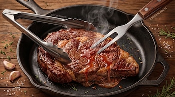 Vista superior de un jugoso filete de carne en una sartén de hierro fundido, con pinzas y un tenedor, junto a ajo, romero y sal marina en una tabla de madera.